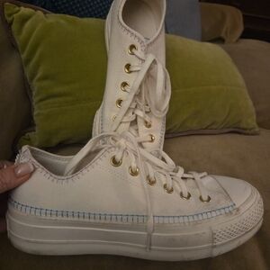 Converse Cream Canvas Sneakers with Blue And Gold Accents chunky S 8